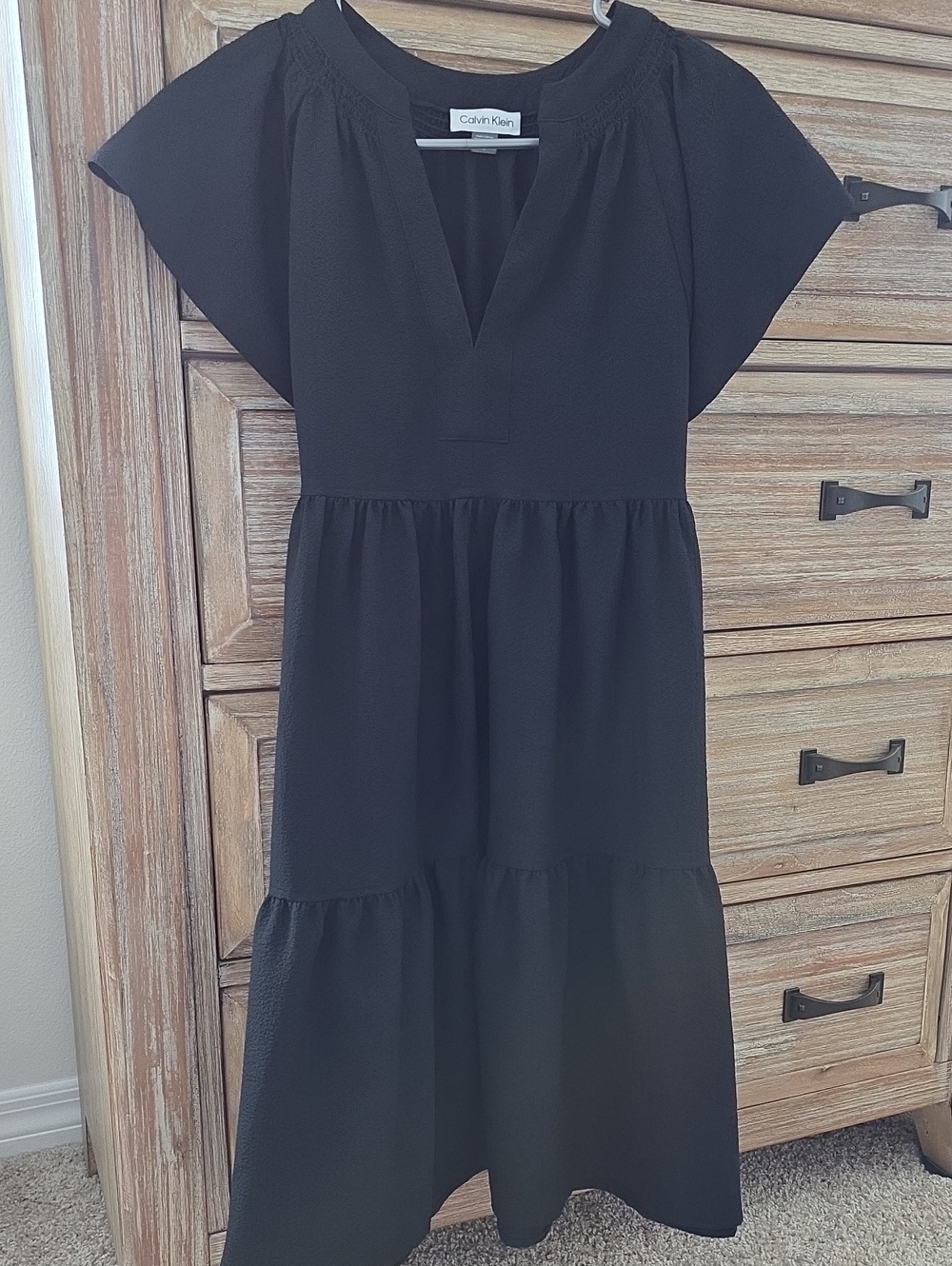 Calvin Klein Black Midi Tiered V-Neck Dress